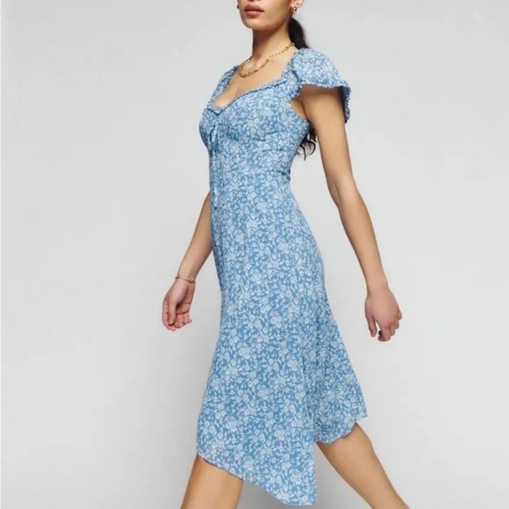 Reformation Marby Dress Blue Floral Asymmetrical Midi Puff Sleeve Size 6 - Picture 4 of 15